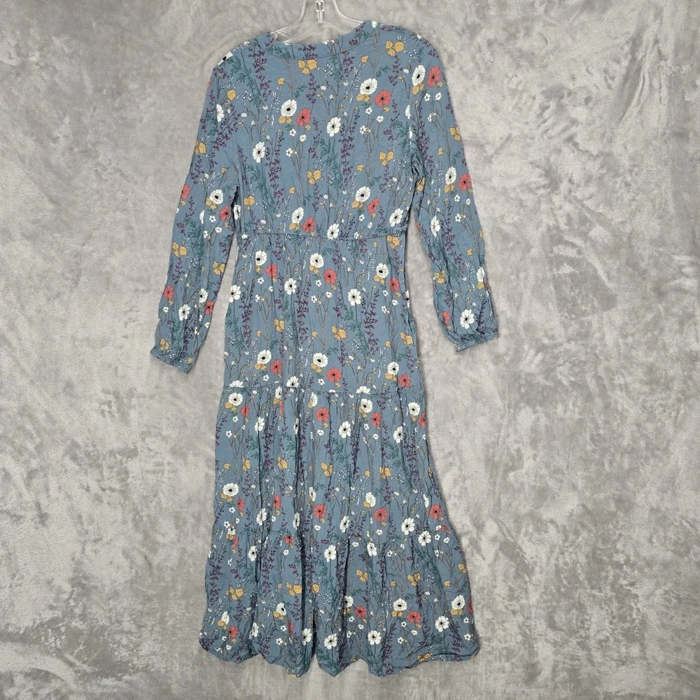Emery Rose Blue Floral Tiered Maxi Dress Women L V-Neck Boho Cottagecore Peasant